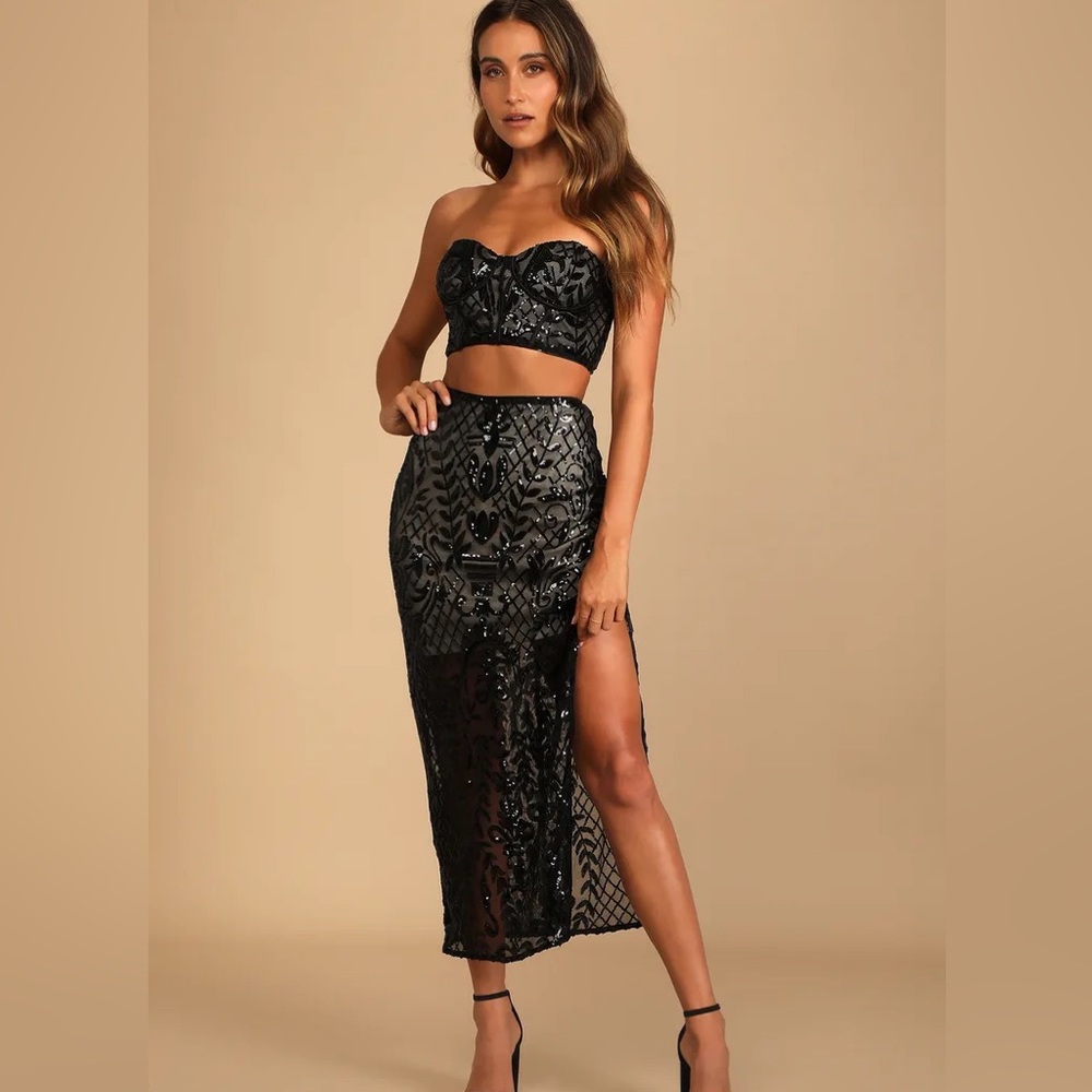 Lulus stunning impression black sequin two piece midi dress. Brand new with tags